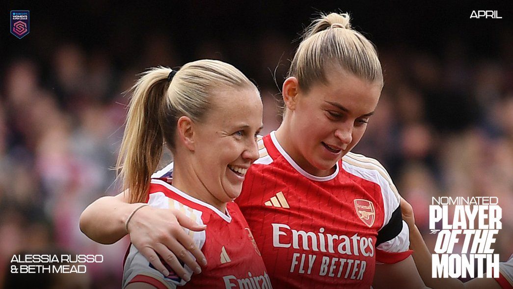 Beth Mead and Alessia Russo celebrate a goal at Emirates Stadium
