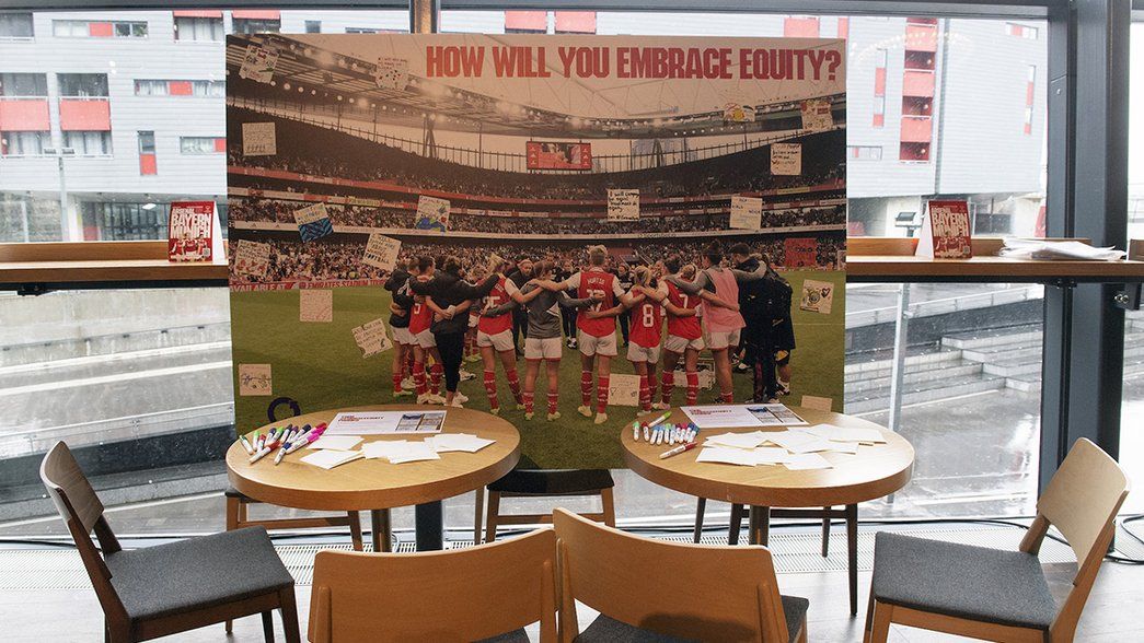 A photoboard of Arsenal Women with the text: 'How will your embrace equity?'