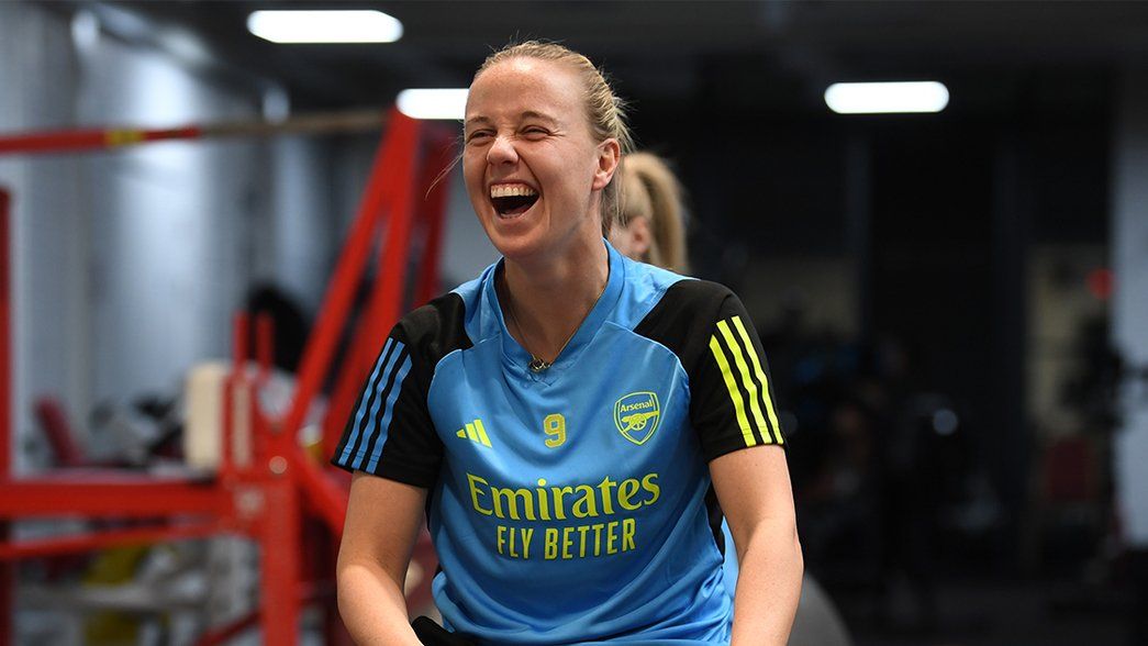 Beth Mead laughs in the London Colney gym