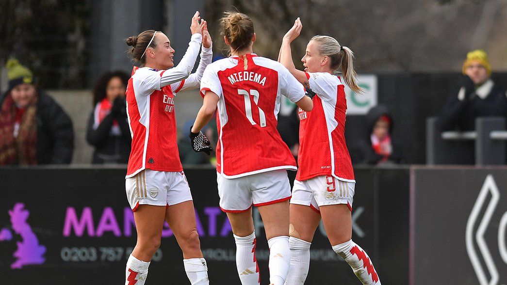 Caitlin Foord and Beth Mead celebrate our second goal against Everton, with Vivianne Miedema running to join them