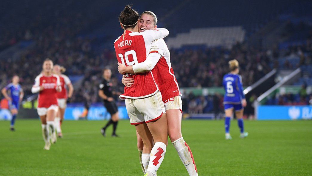 Alessia Russo hugs Caitlin Foord after the Aussie scores against Leicester City