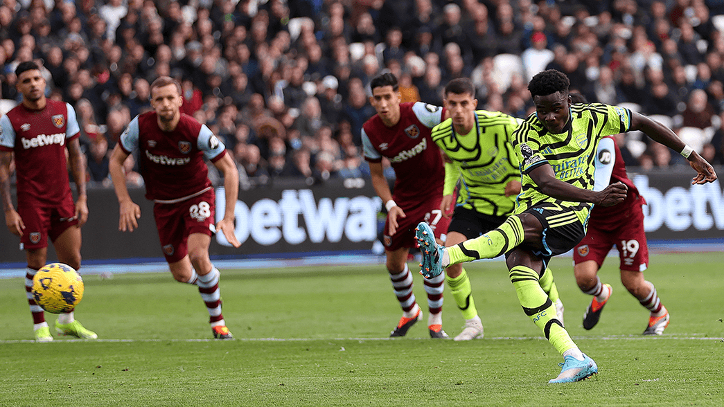 Bukayo Saka scores against West Ham United