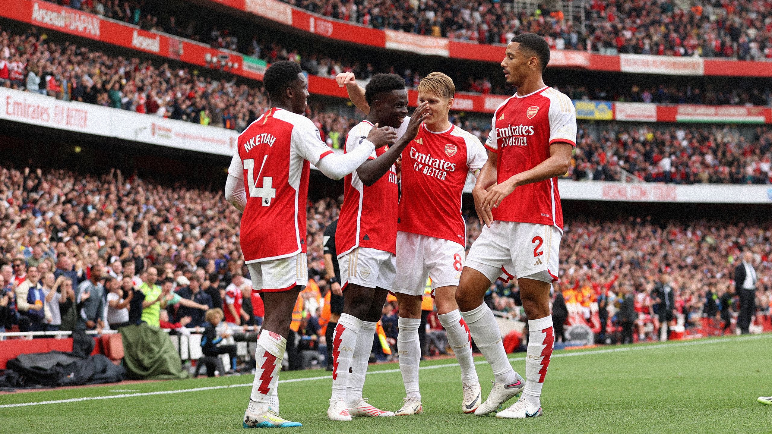 Bukayo Saka of Arsenal celebrates after an own goal by Cristian Romero of Tottenham Hotspur (not pictured), Arsenal’s first goal during the Premier League match between Arsenal FC and Tottenham Hotspur at Emirates Stadium on September 24, 2023