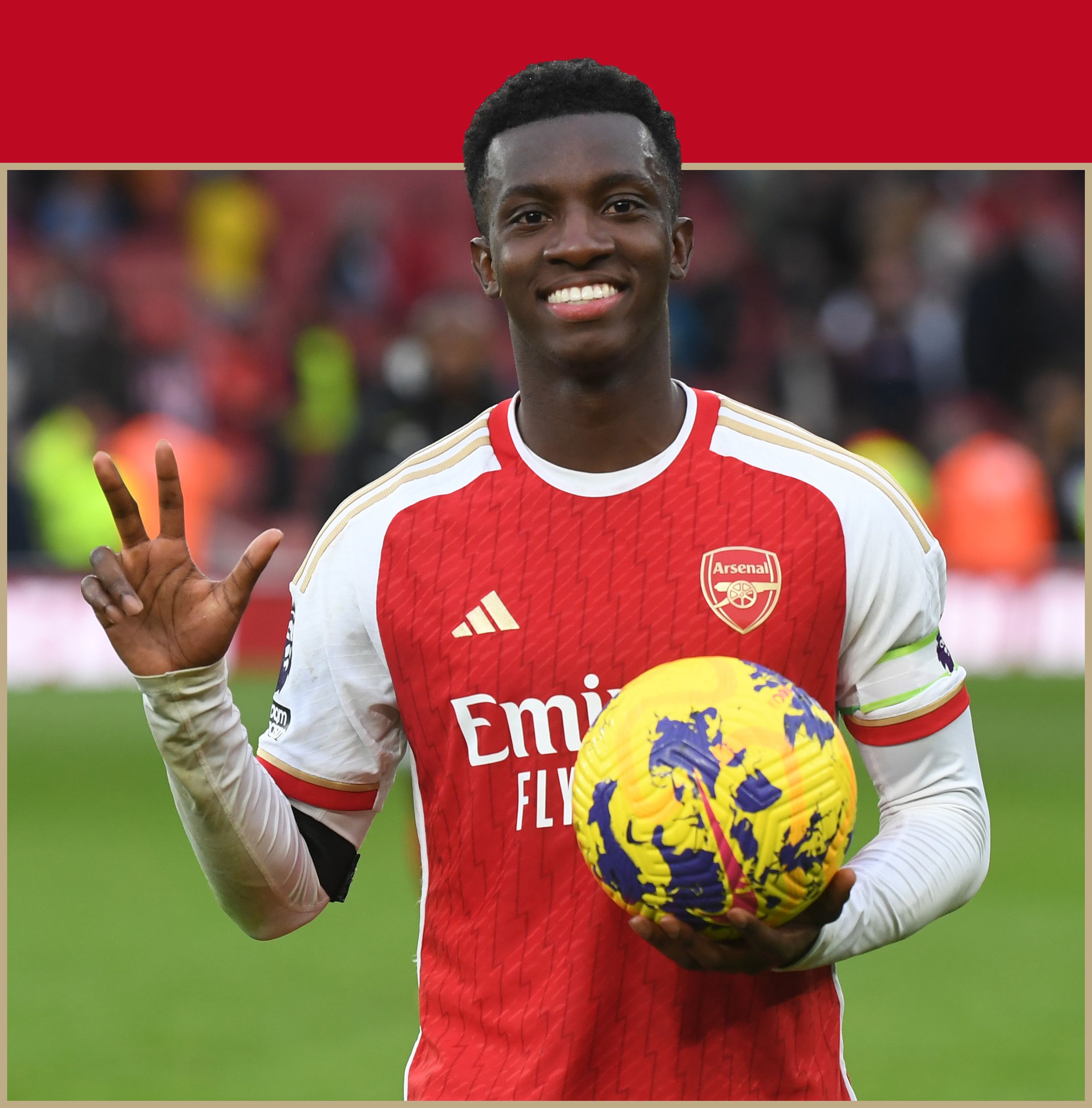 Arsenal's Eddie Nketiah celebrates his three goals after the Premier League match between Arsenal FC and Sheffield United at Emirates Stadium on October 28, 2023