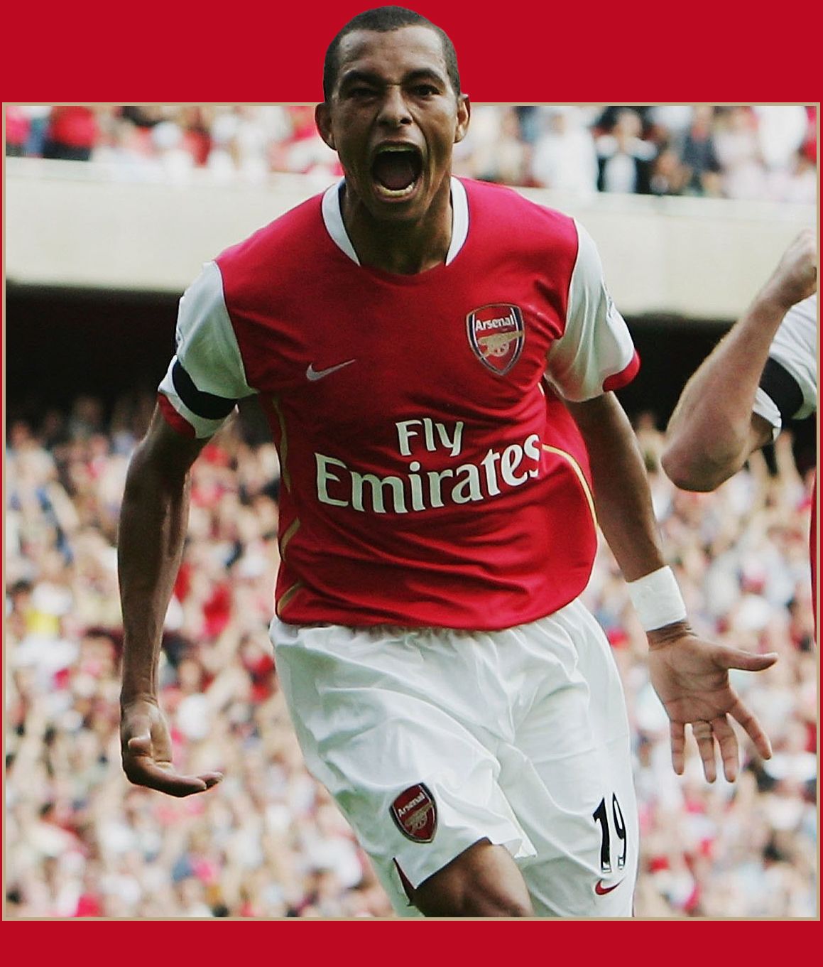 Gilberto of Arsenal celebrates after scoring the equalising goal during the Barclays Premiership match between Arsenal and Aston Villa at The Emirates Stadium on August 19, 2006 in London, England.