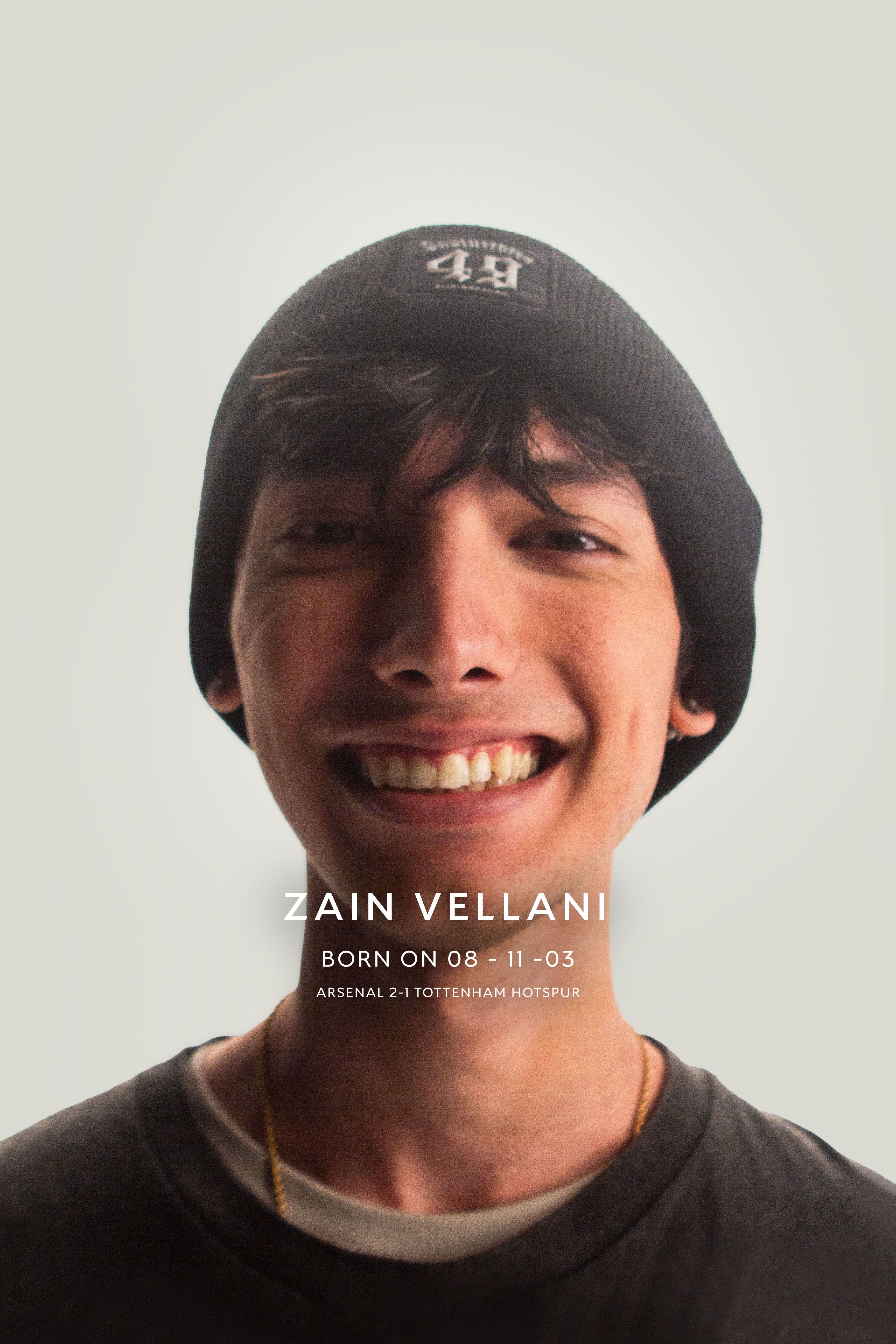 An image of Arsenal supporter, Zain Vellani, along with the following information: Born 08-11-03, Arsenal 2-1 Tottenham Hotspur