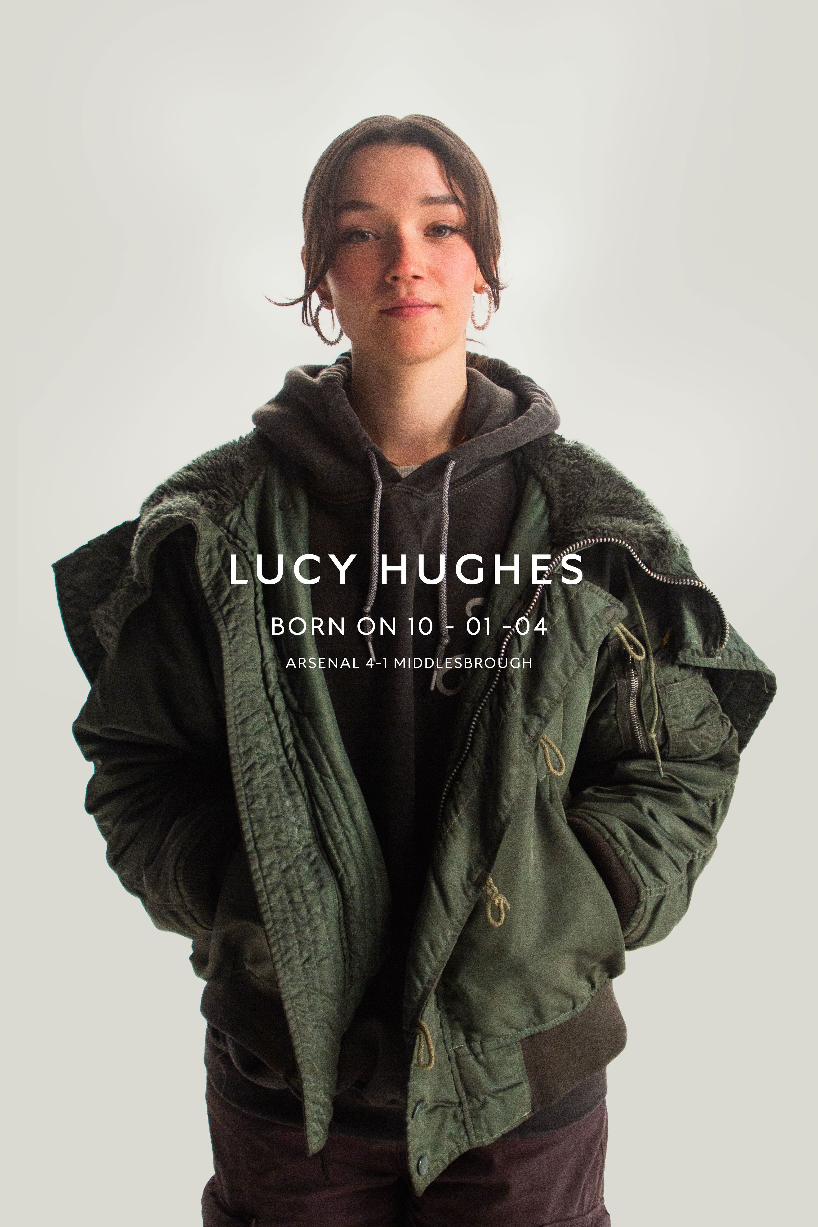 An image of Arsenal supporter, Lucy Hughes, along with the following information: Born 10-01-04, Arsenal 4-1 Middlesbrough
