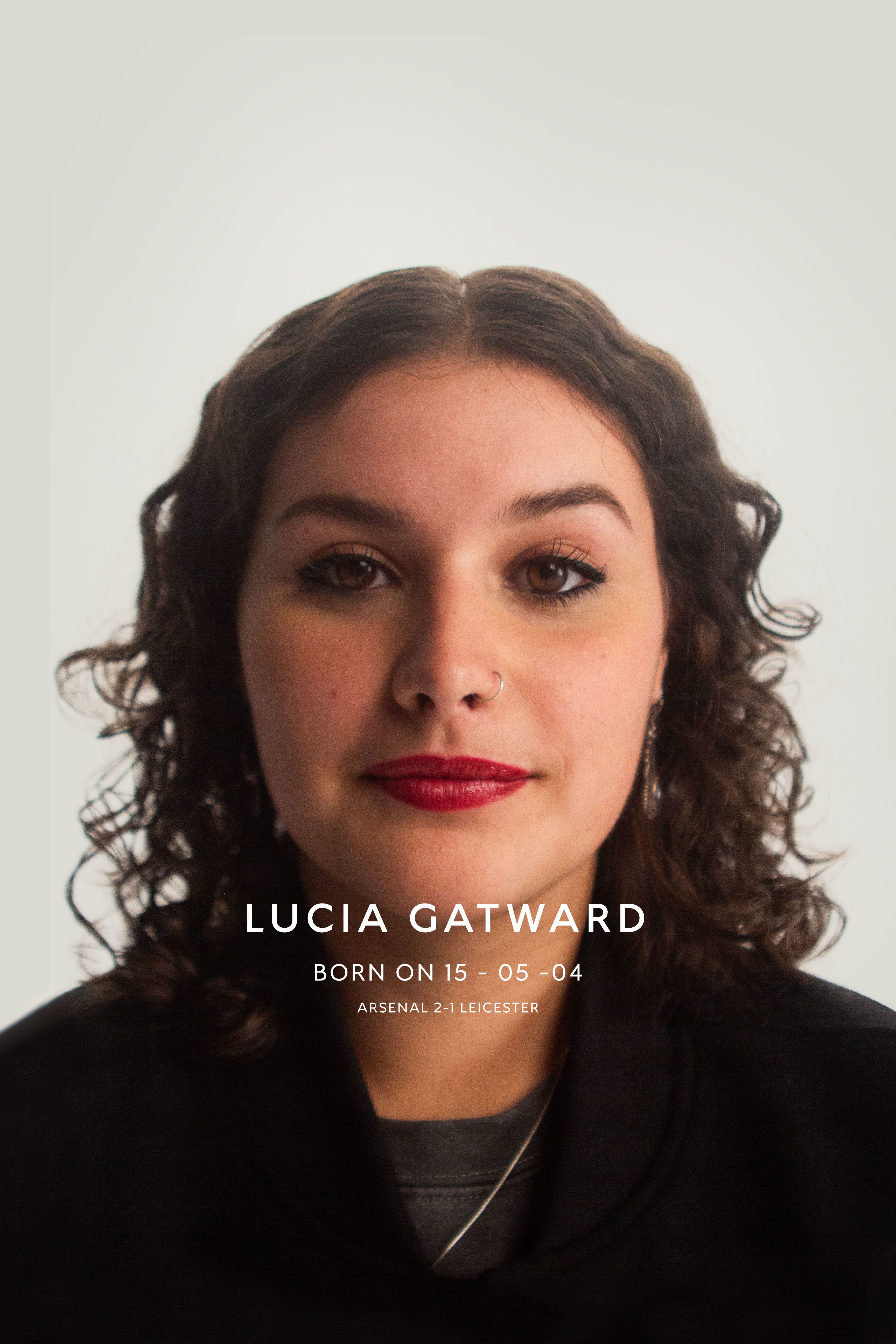 An image of Arsenal supporter, Lucia Gatward, along with the following information: Born 15-05-04, Arsenal 2-1 Leicester