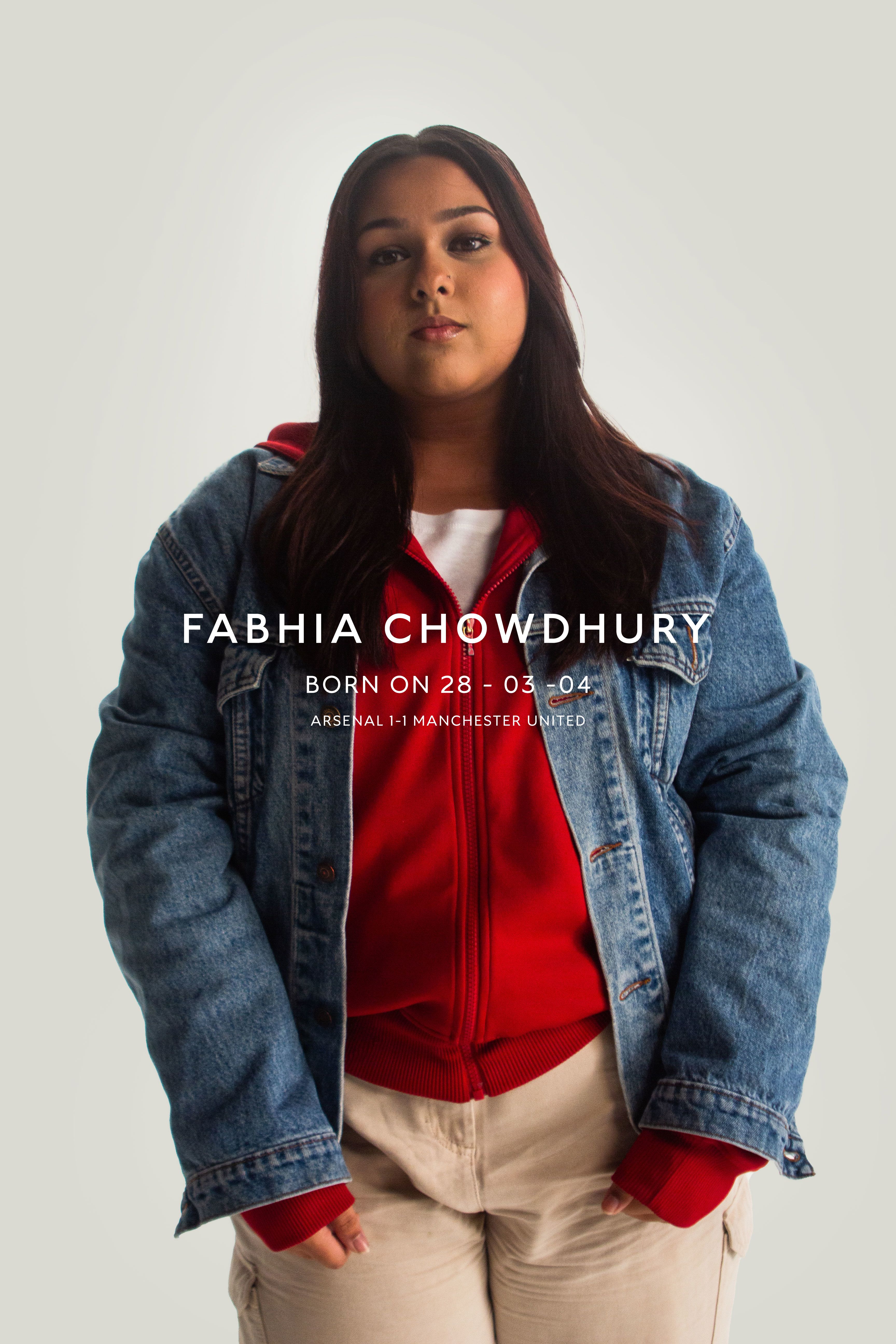 An image of Arsenal supporter, Fabhia Chowdhury, along with the following information: Born 28-03-04, Arsenal 1-1 Manchester United