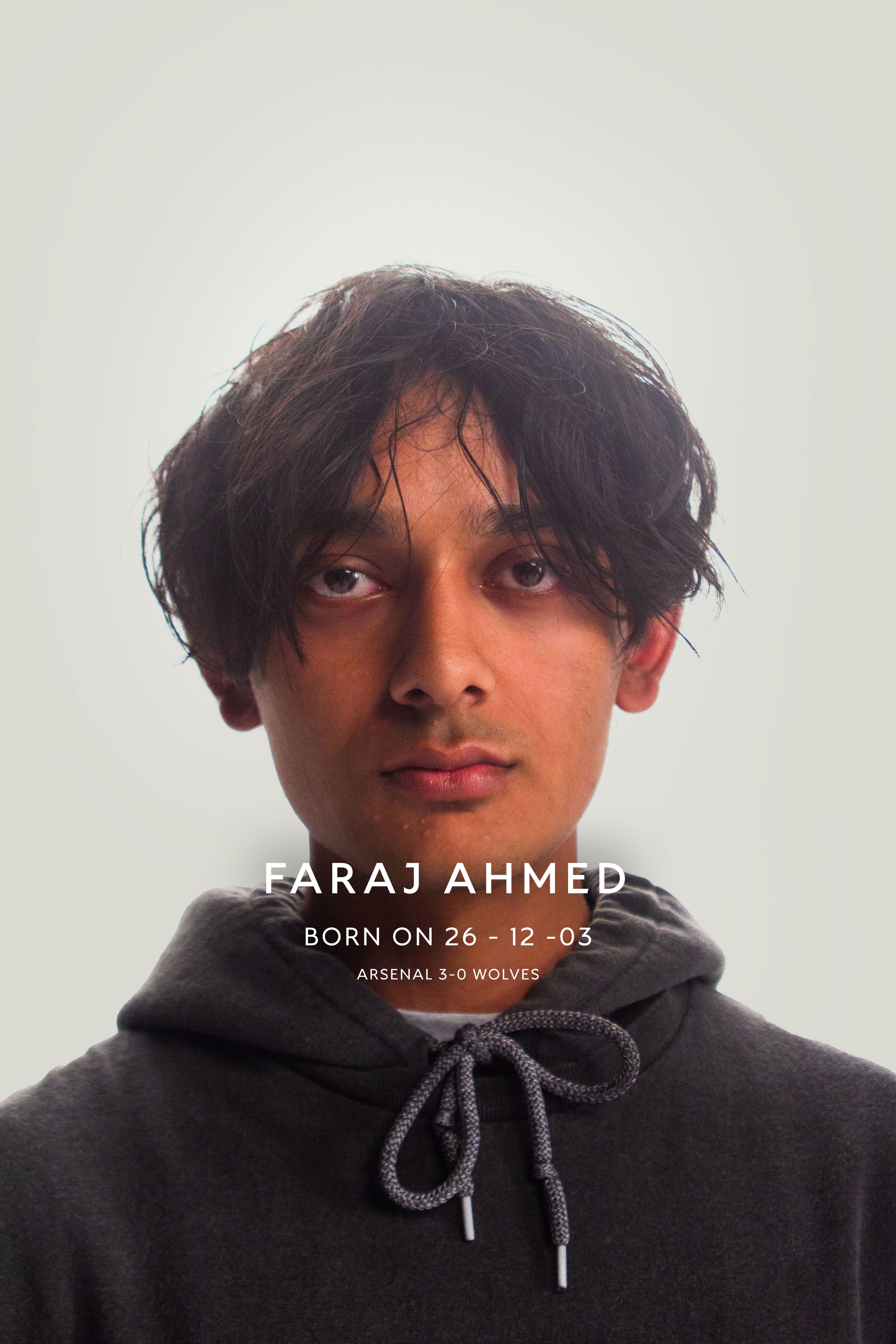 An image of Arsenal supporter, Faraj Ahmed, along with the following information: Born 26-12-03, Arsenal 3-0 Wolves
