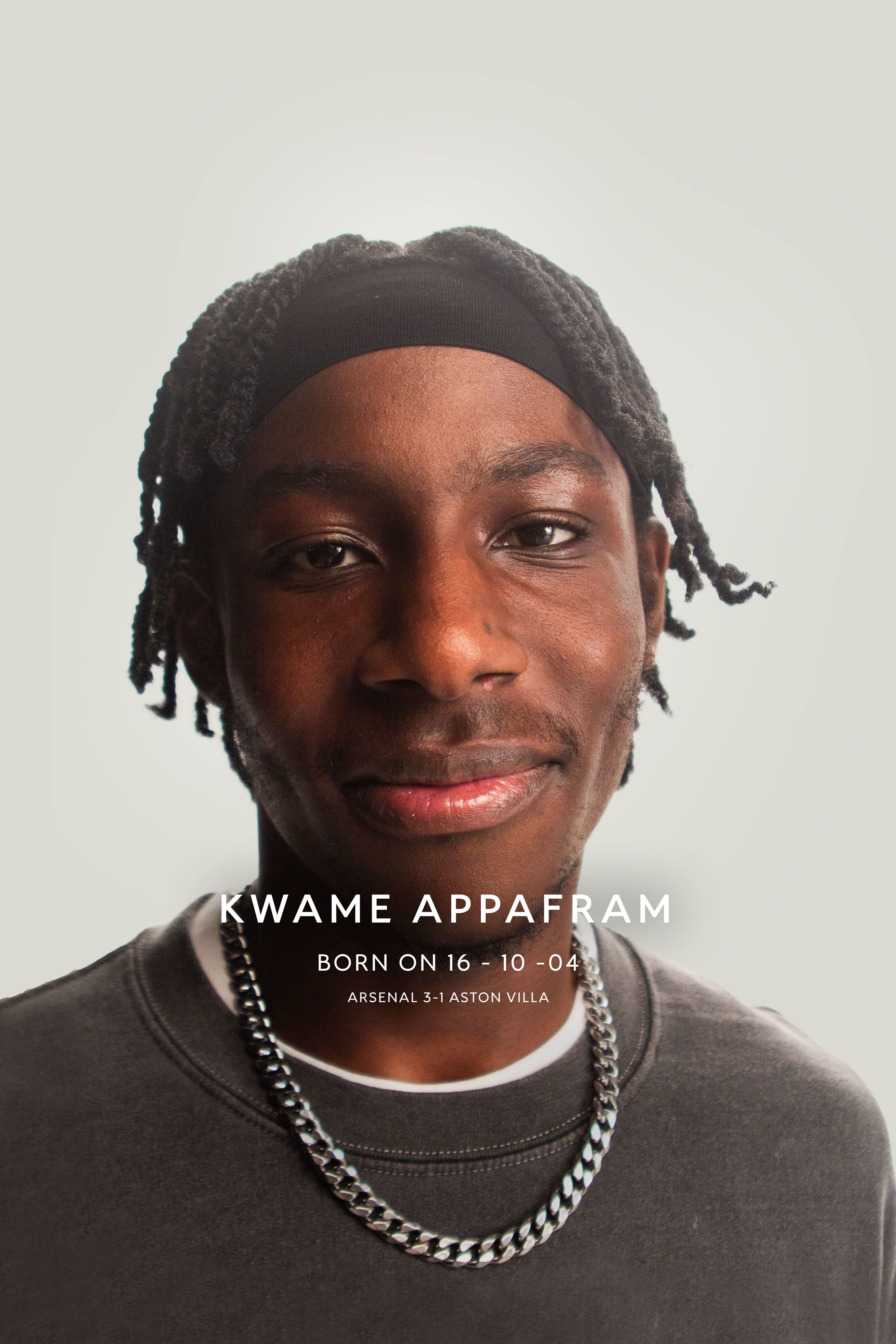 An image of Arsenal supporter, Kwame Appafram, along with the following information: Born 16-10-04, Arsenal 3-1 Aston Villa