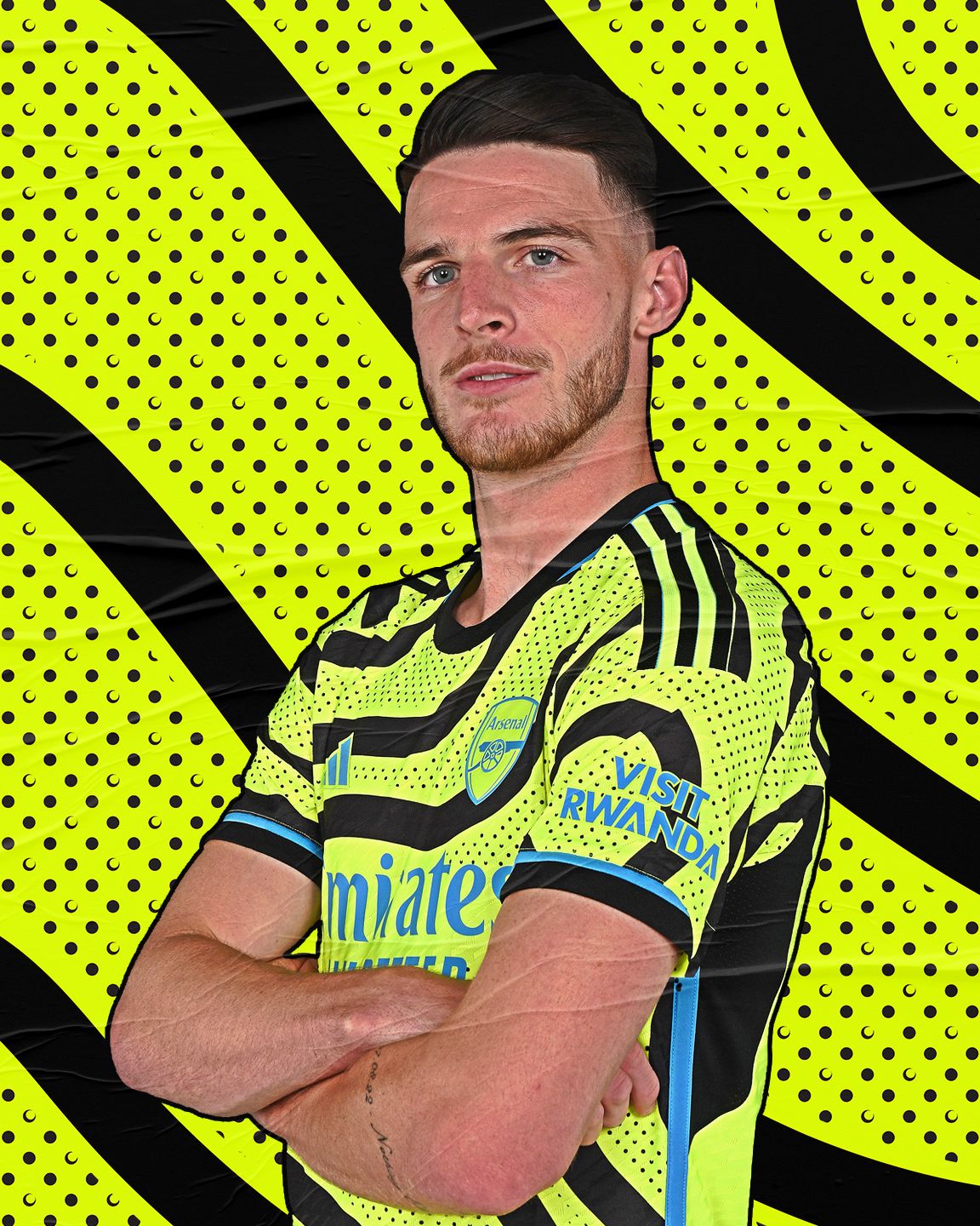An image of Declan Rice in our 2023/24 men's team away shirt