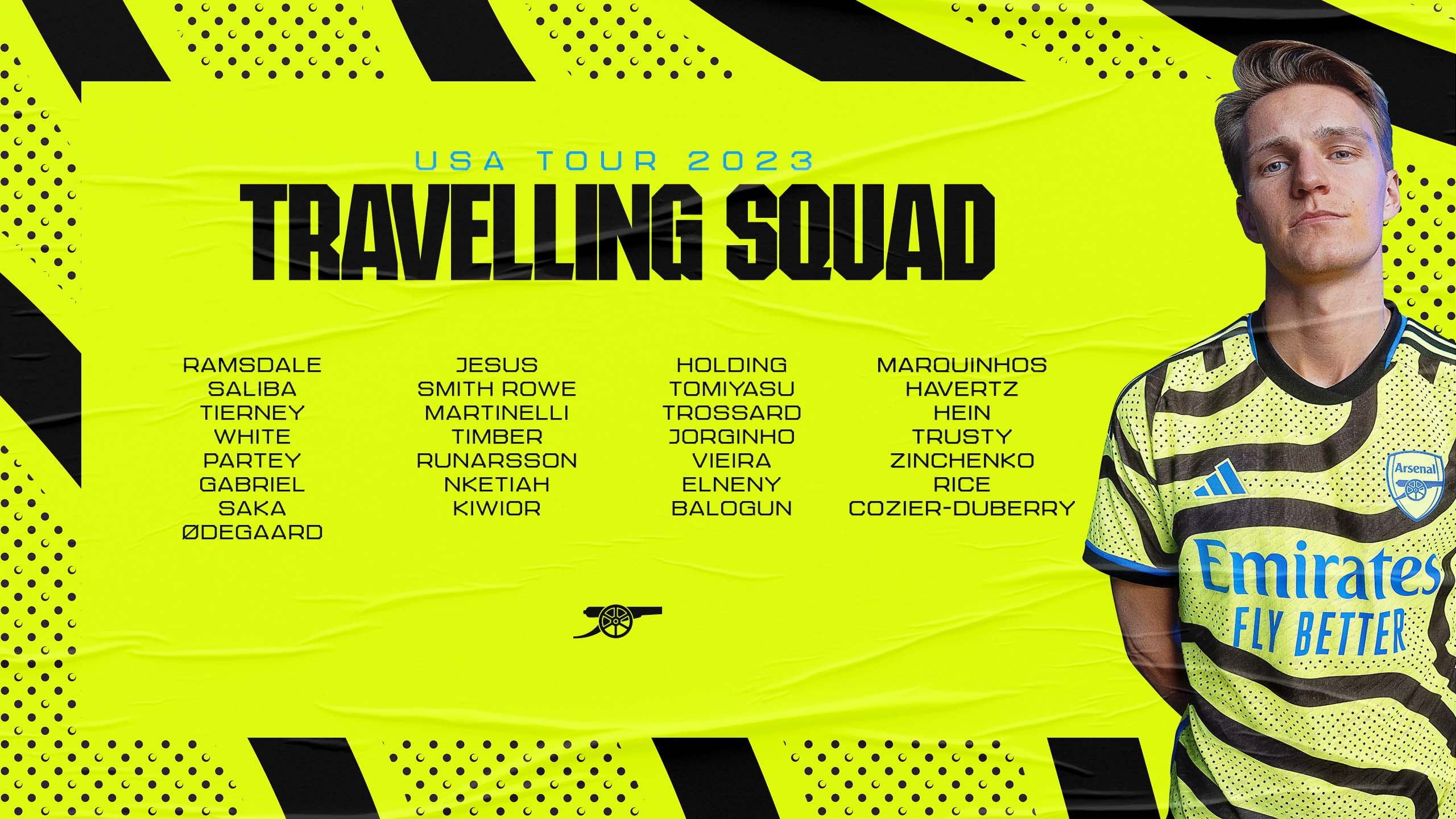 Travelling Squad: Ramsdale, Saliba, Tierney, White, Partey, Gabriel, Saka, Odegaard, Jesus, Smith Rowe, Martinelli, Timber, Runarsson, Nketiah, Kiwior, Holding, Tomiyasu, Trossard, Jorginho, Vieira, Elneny, Balogun, Marquinhos, Havertz, Hein, Trusty, Zinchenko, Rice, Cozier-Duberry