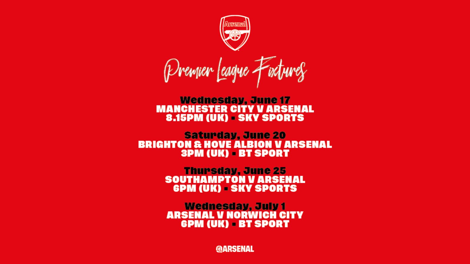 Four Premier League fixtures confirmed News Arsenal
