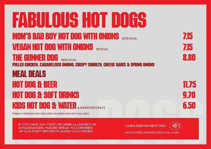 Hot dog menu in Emirates Stadium