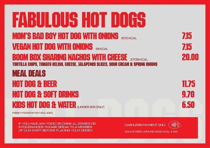 Hot dog menu in general admission at Emirates Stadium
