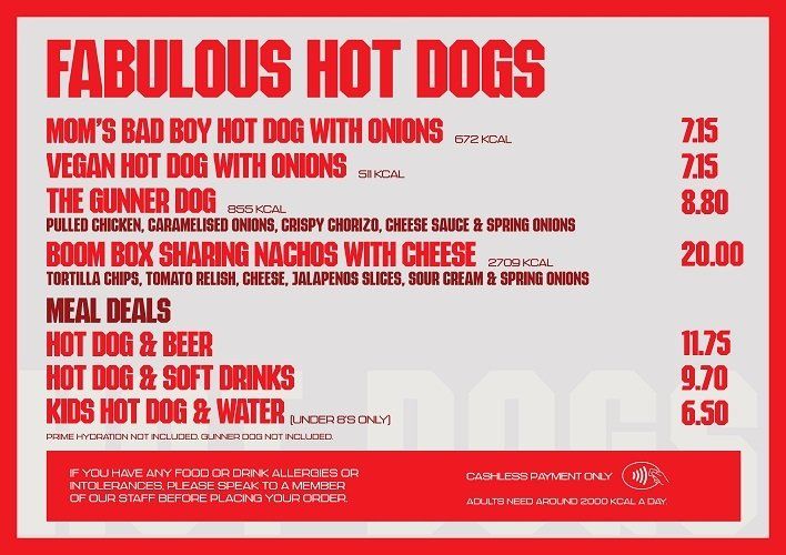 Hot dog menu in general admission at Emirates Stadium