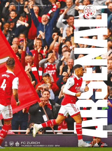 Reiss Nelson celebrates scoring in front of the Emirates crowd. Text reads: Arsenal v FC Zurich. Thursday, 3 November, 2022