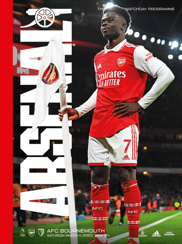 Bukayo Saka poses by the corner flag, his hand on his hip. Text reads: Arsenal v AFC Bournemouth. Saturday, March 4, 2023
