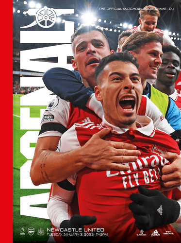 Gabriel Martinelli, Granit Xhaka and Rob Holding celebrate a goal. Text reads: Arsenal v Newcastle United. Tuesday, January 3, 2023