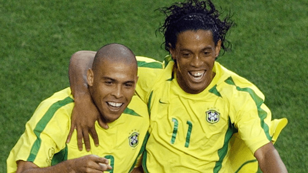 Ronaldo and Ronaldinho celebrating for Brazil