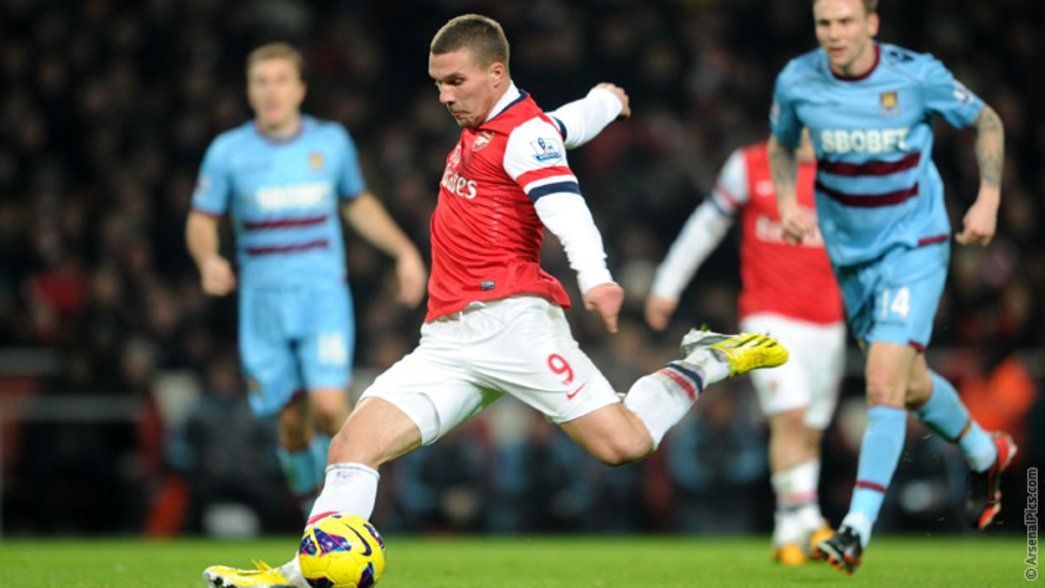 Lukas Podolski scores against West Ham United