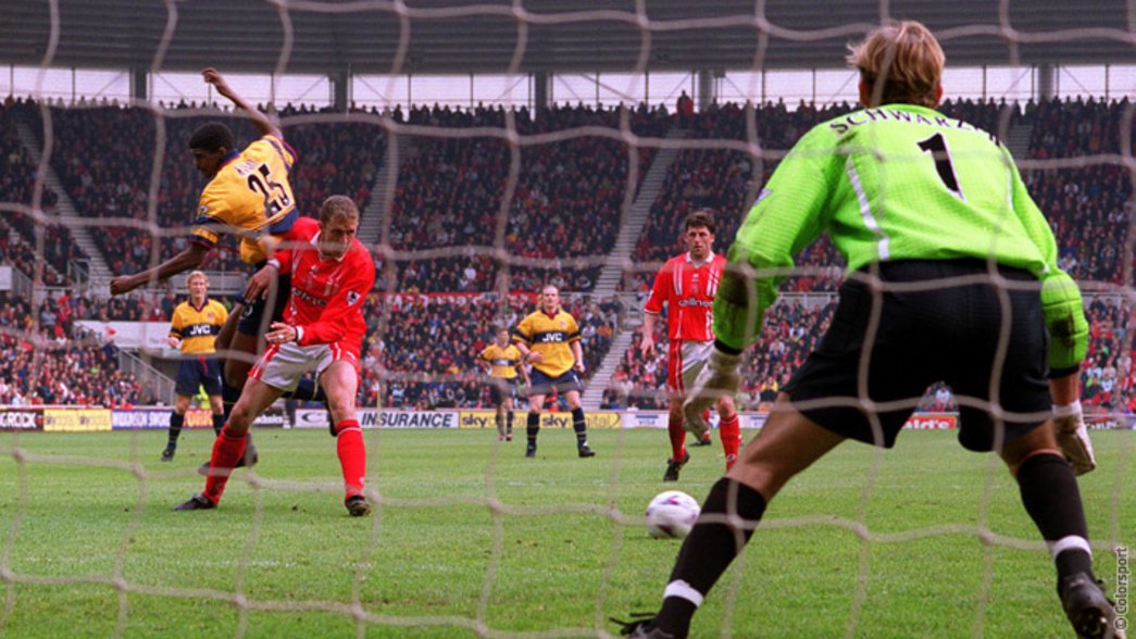 Kanu scores against Middlesbrough in 1999