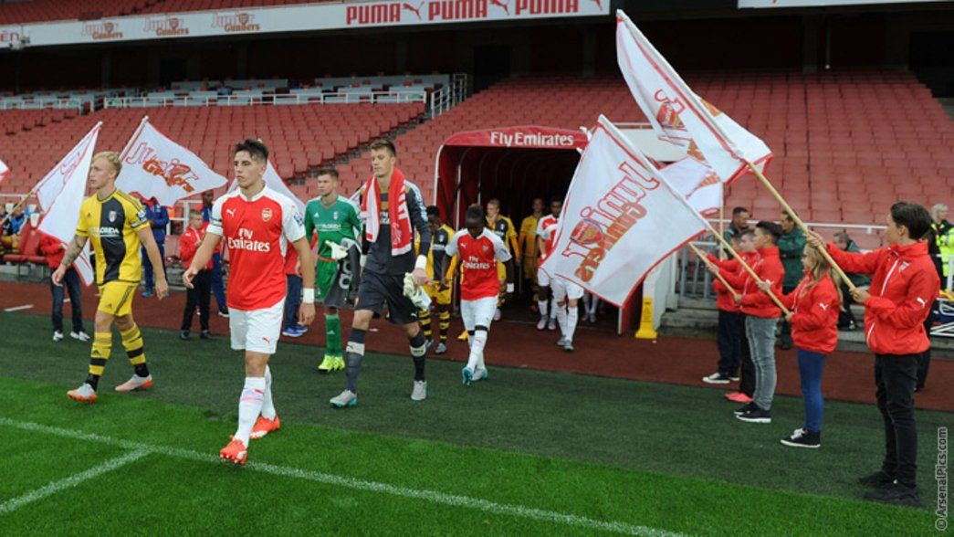 Julio Pleguezuelo leads Arsenal Under-21s out at Emirates Stadium