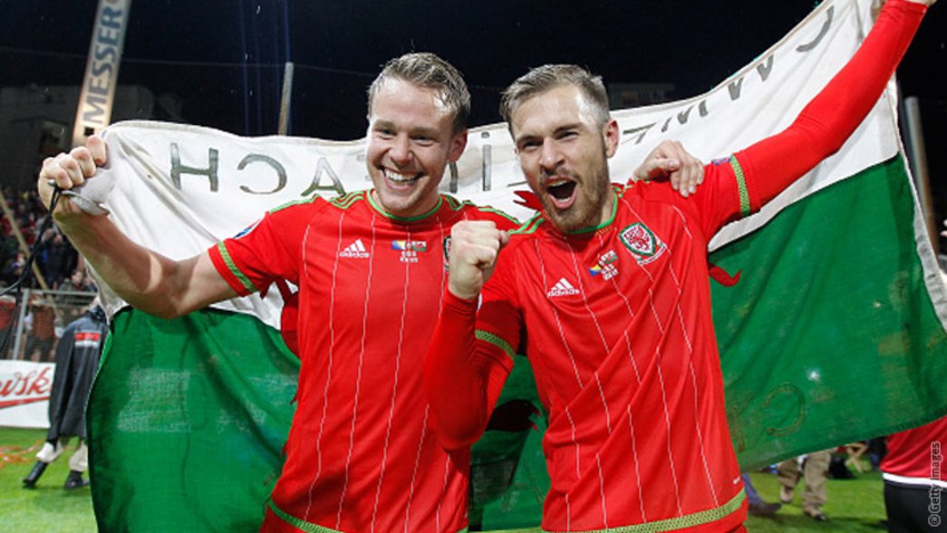 Aaron Ramsey celebrates with Wales