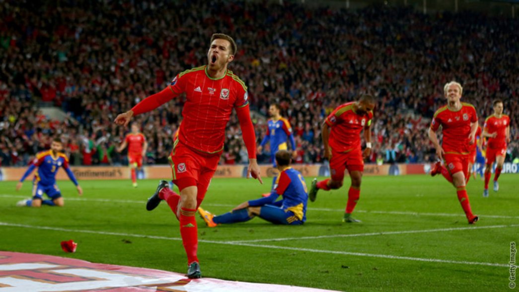 Aaron Ramsey celebrates scoring for Wales against Andorra