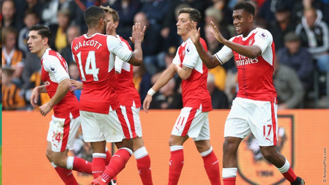 Arsenal celebrate taking the lead at Hull