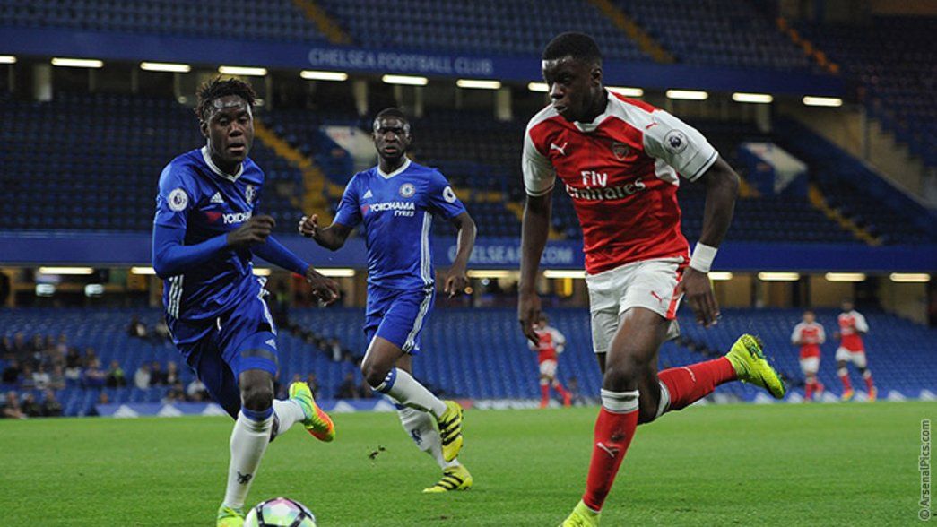 Stephy Mavididi looks for an opening against Chelsea U-23s at Stamford Bridge