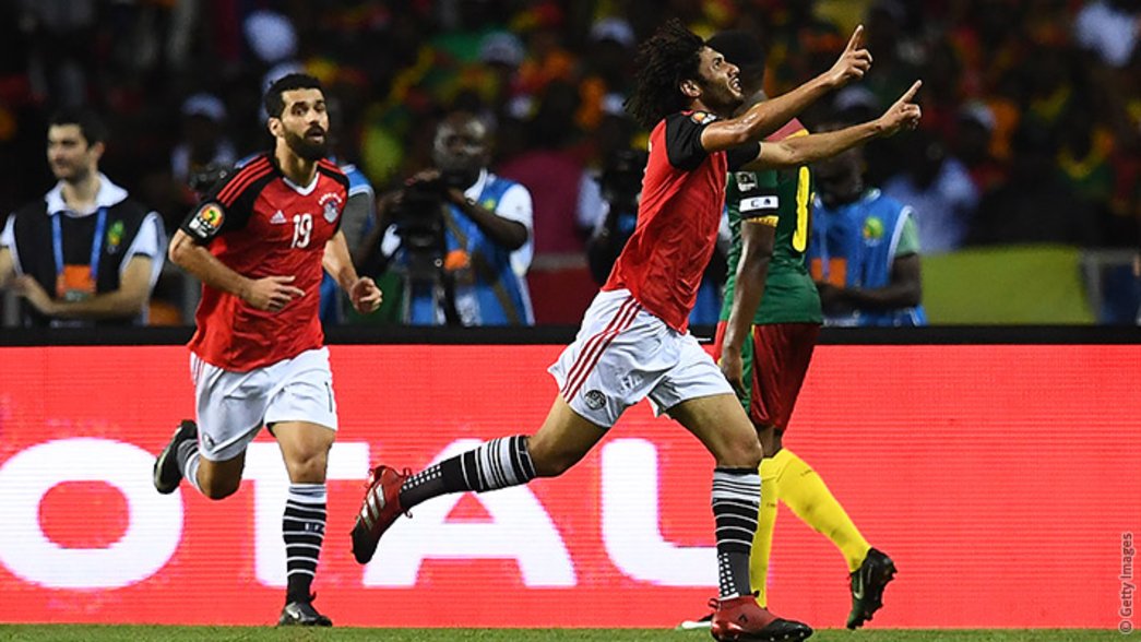 Mohamed Elneny celebrates his goal against Cameroon