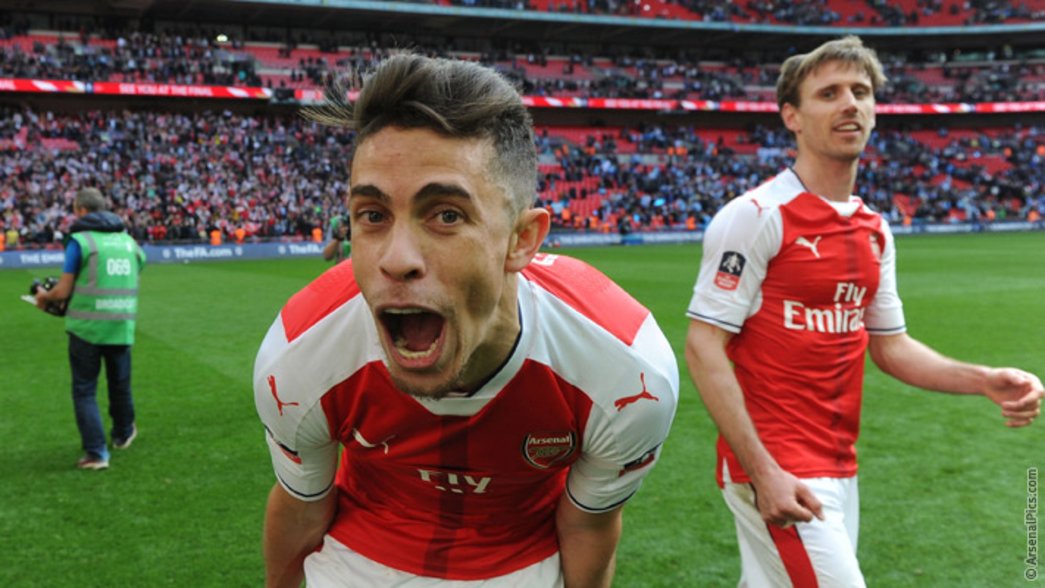 Gabriel celebrates beating Manchester City at Wembley