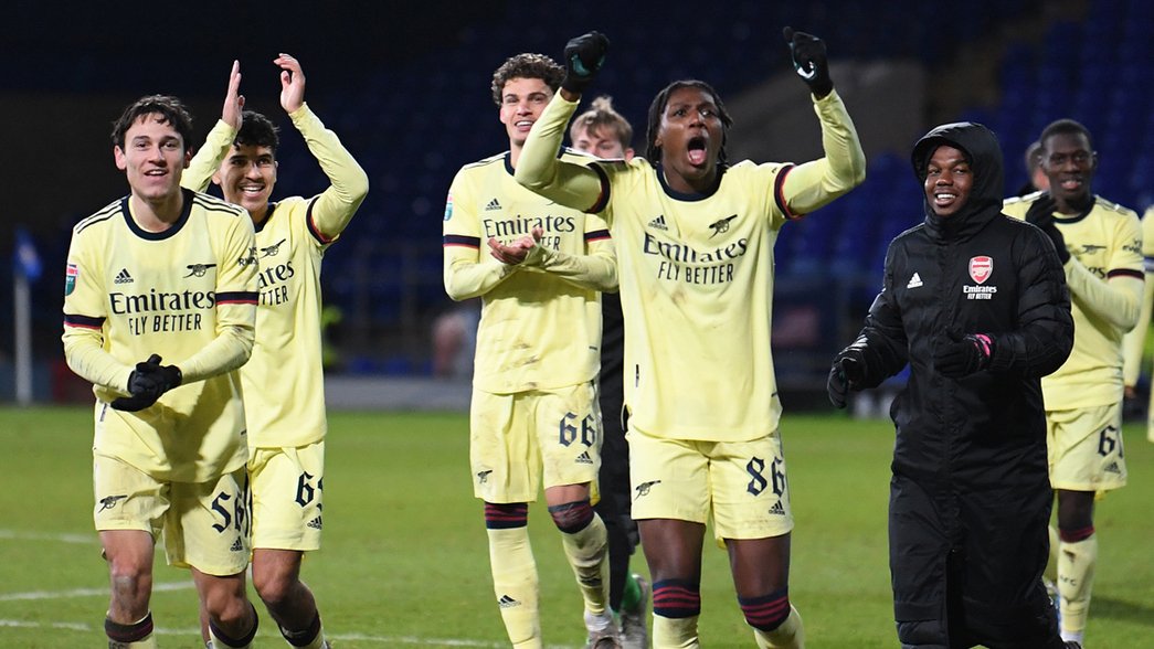 Arsenal U-21s celebrate the penalty shoot-out win over Ipswich Town
