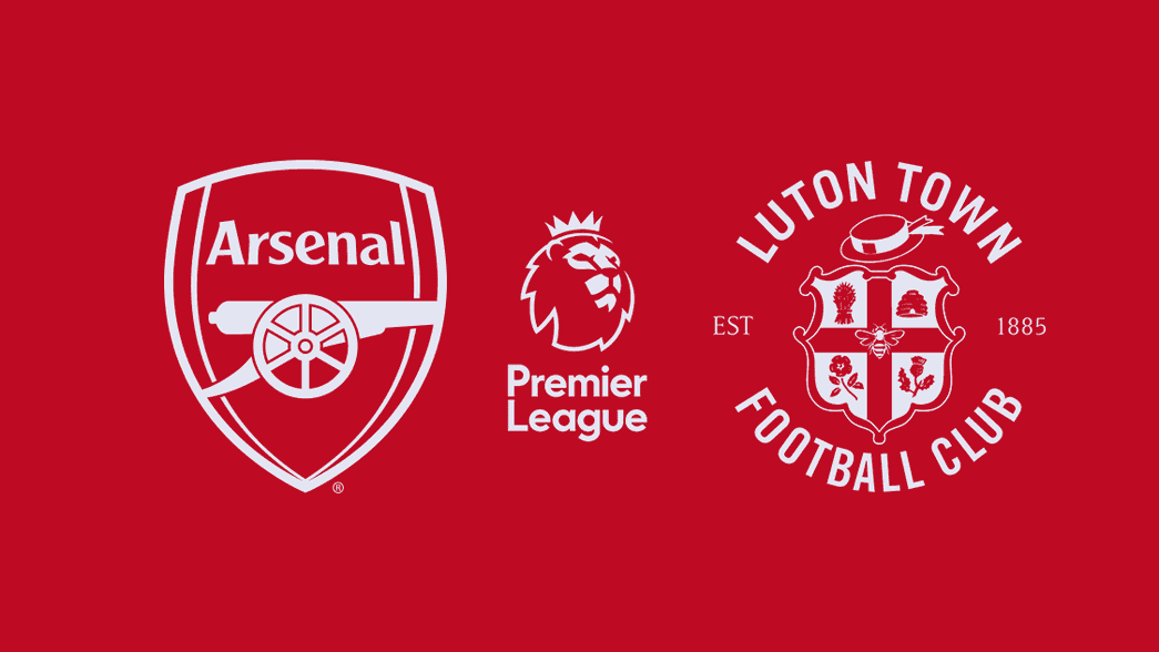 Arsenal v Luton Town ticketing graphic, with club crests