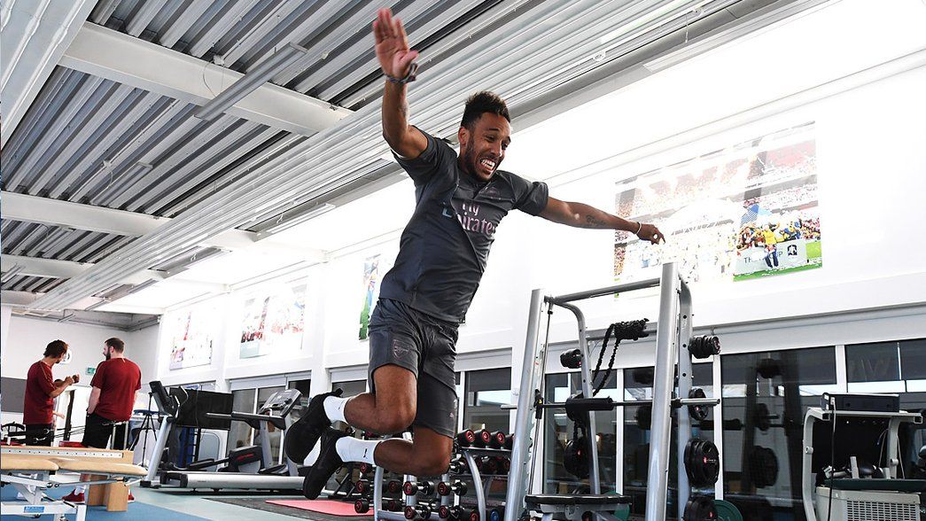 Pierre-Emerick Aubameyang during a jump test as squad return to London Colney