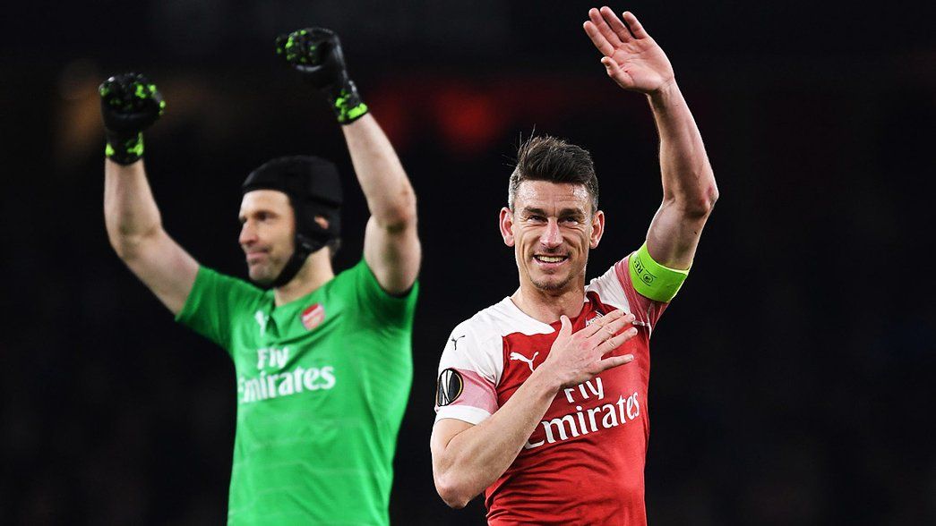 Petr Cech and Laurent Koscielny celebrate after our 2-0 Europa League win over Napoli