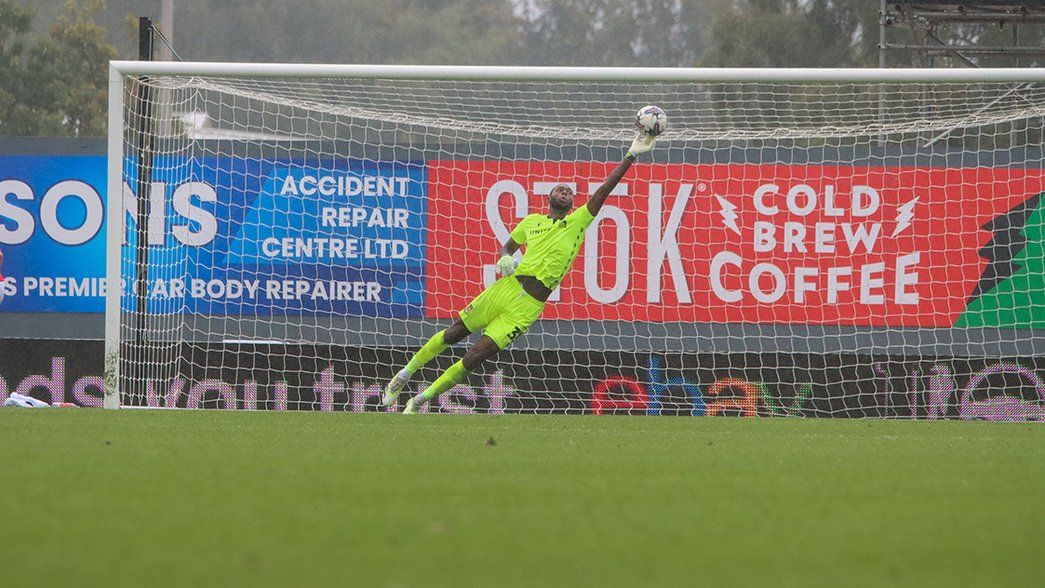 Arthur Okonkwo makes a spectacular save against Crewe Alexandra