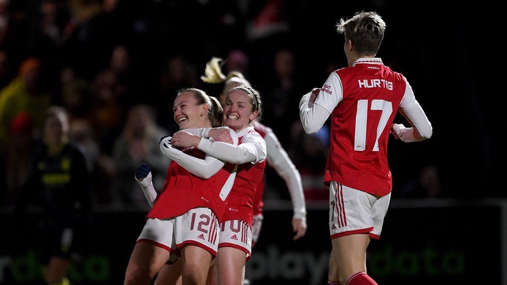 Kim Little hugs Frida Maanum after her goal against Aston Villa in the Conti Cup