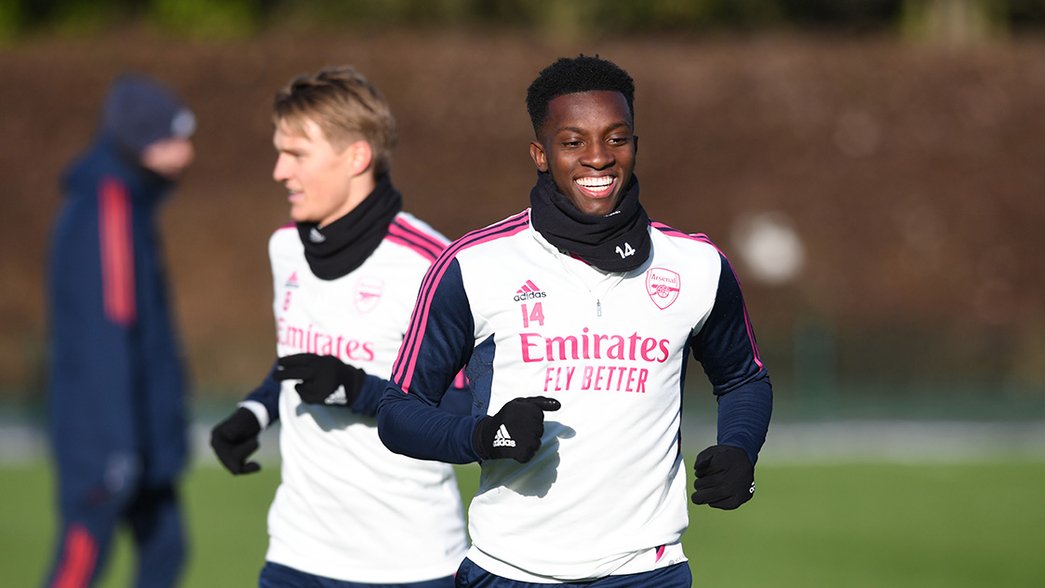 Eddie Nketiah smiles in training