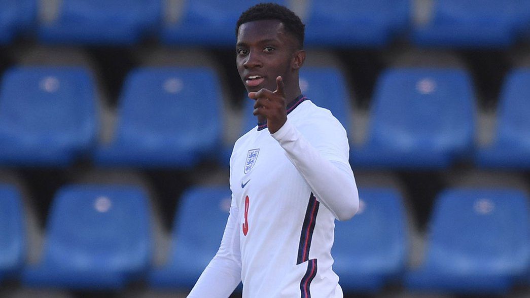 Eddie Nketiah celebrates with England Under-21s