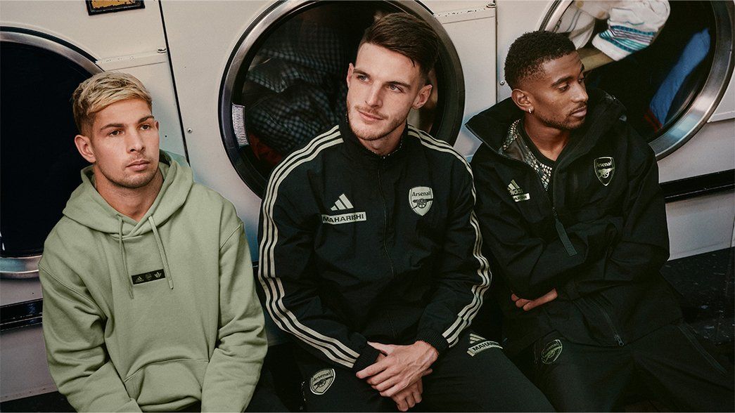 Emile Smith Rowe, Declan Rice and Reiss Nelson pose in the new adidas x Maharishi range