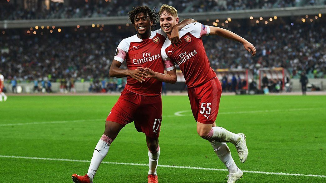 Alex Iwobi and Emile Smith Rowe celebrate Emile's first Arsenal goal