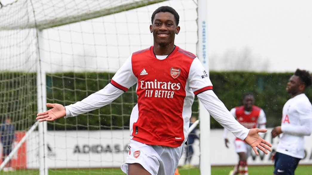 Khayon Edwards celebrates after scoring against Tottenham for Arsenal U-18s