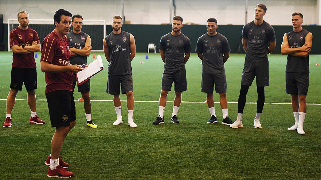 Unai Emery takes charge of his first Arsenal training session