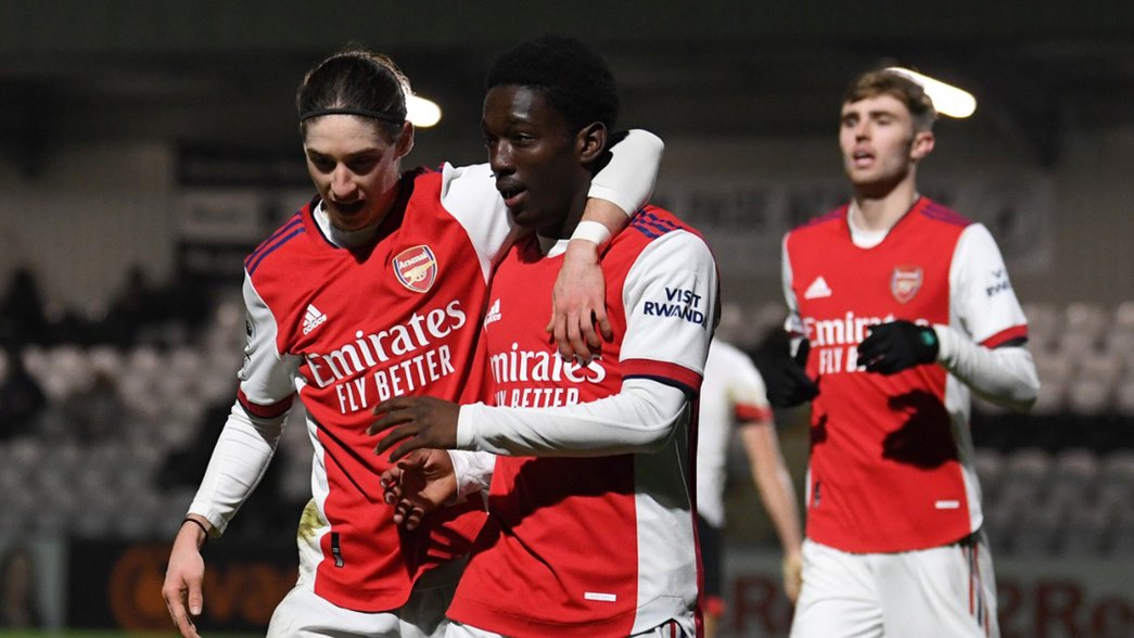 Marcelo Flores and Amario Cozier-Duberry celebrate scoring for Arsenal U-23s