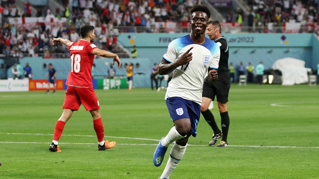 Bukayo Saka celebrates his goal for England