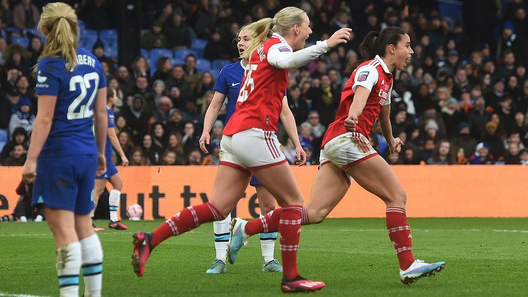Stina Blackstenius and Rafaelle celebrate scoring against Chelsea in the Conti Cup final