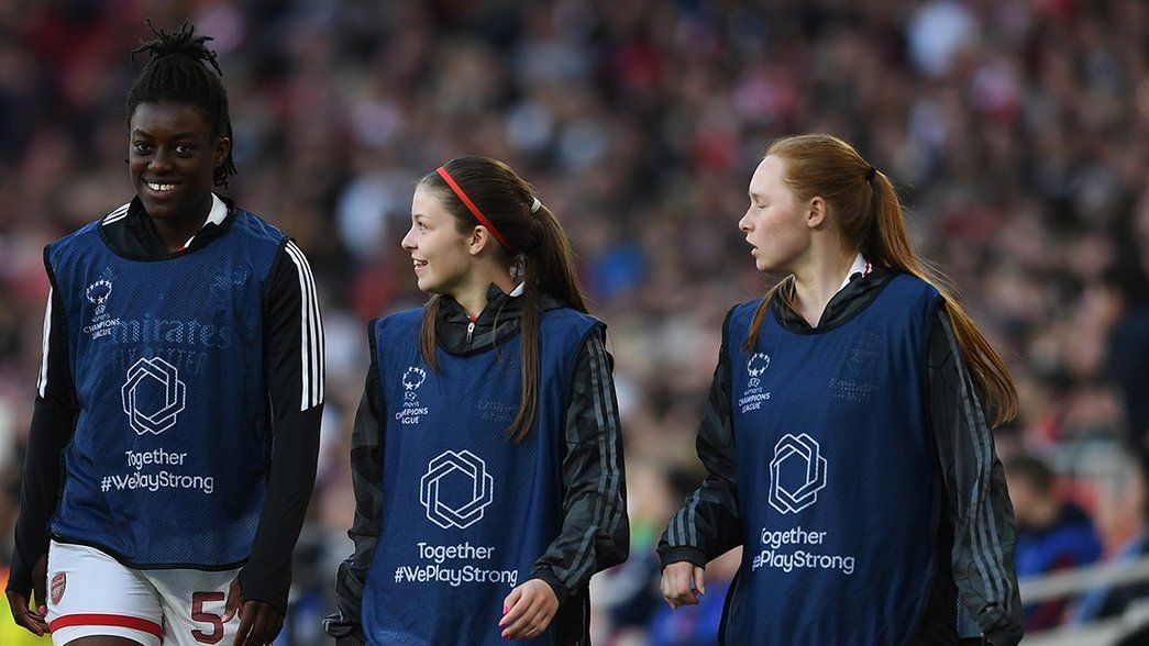 Michelle Agyemang, Laila Harbert and Katie Reid pitchside at our Champions League semi-final